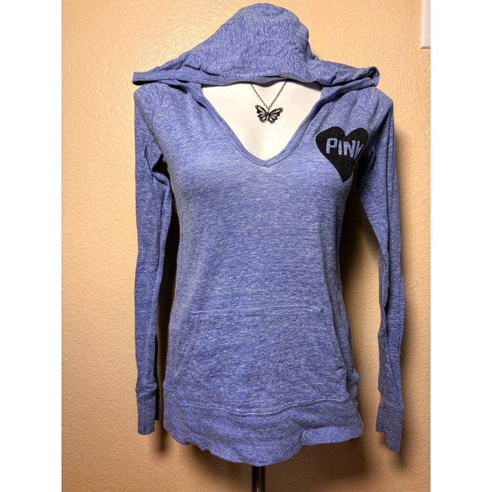 Y2K Victoria's Secret PINK V-Neck Hoodie Pullover Heart Logo Medium #5